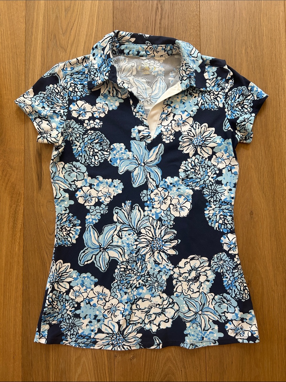 Lilly Pulitzer Navy Floral Polo with Light and Medium Blue Blooms